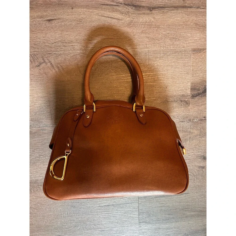 Lauren Ralph Lauren Dome Satchel Top Handle Bag Brown Cognac Gold Crest